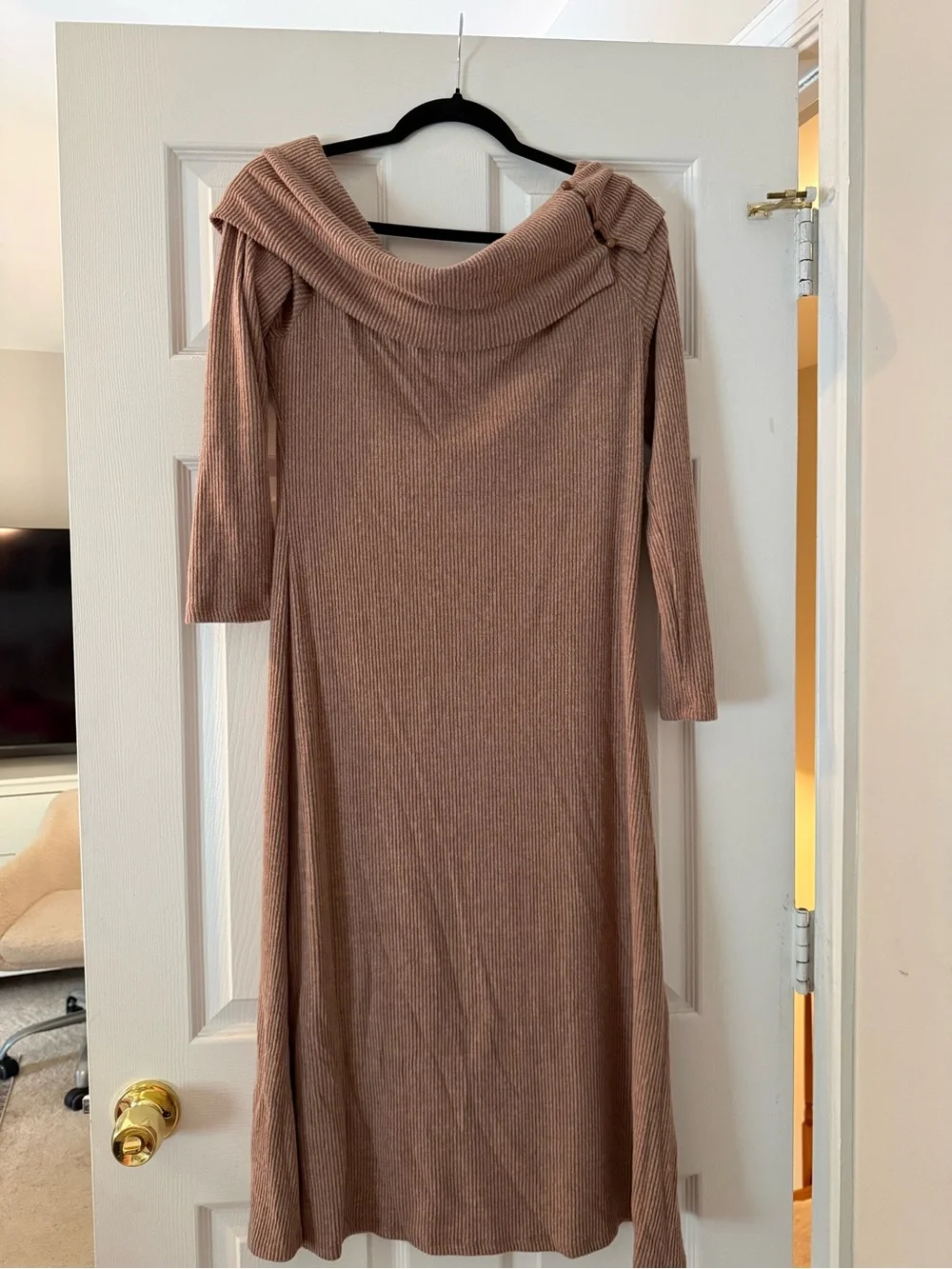 Mocha Ribbed Knit Foldover Off Shoulder Midi Dress